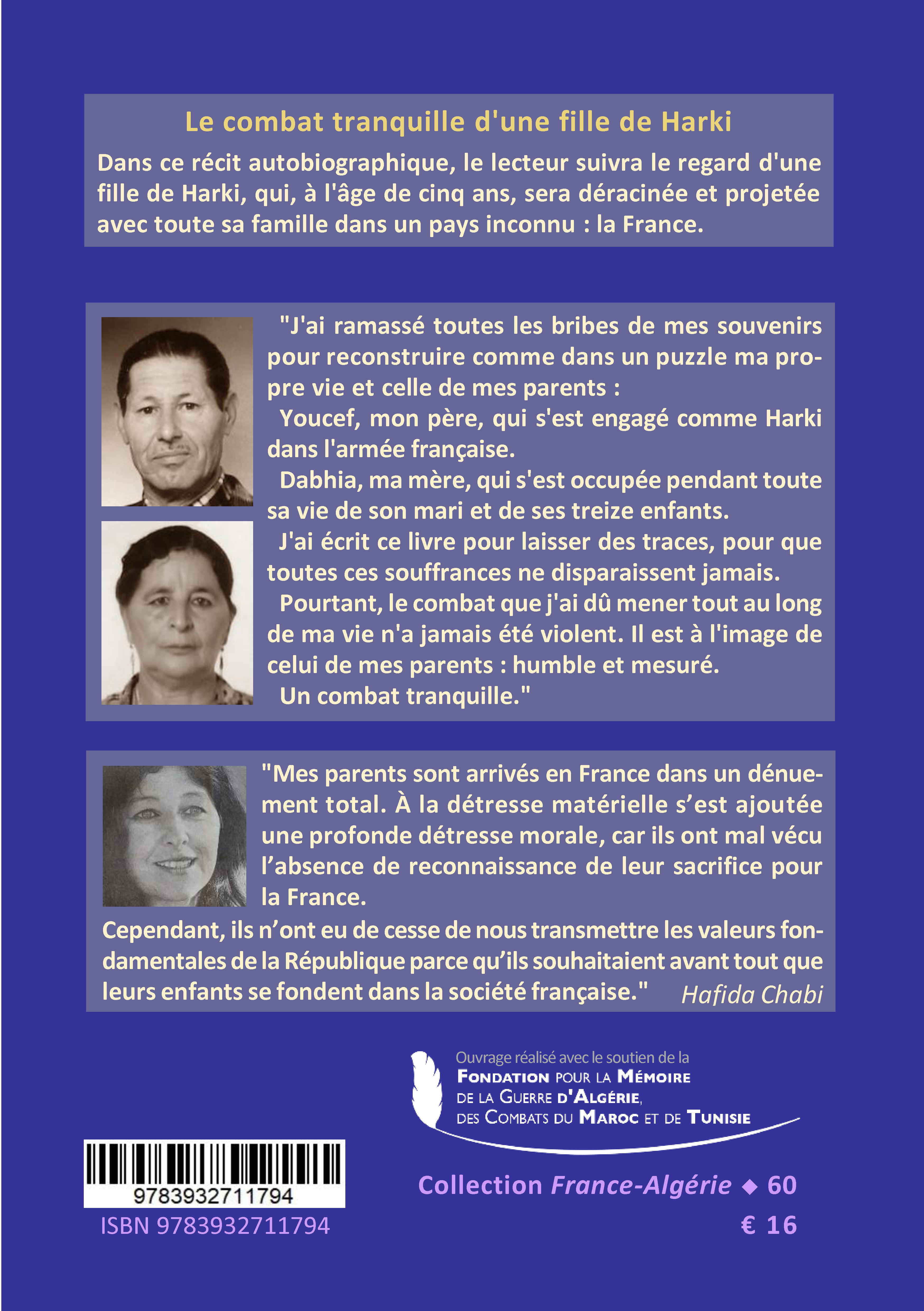 Back cover of Un combat tranquille. Une fille de Harki se souvient. Récit autobiographique